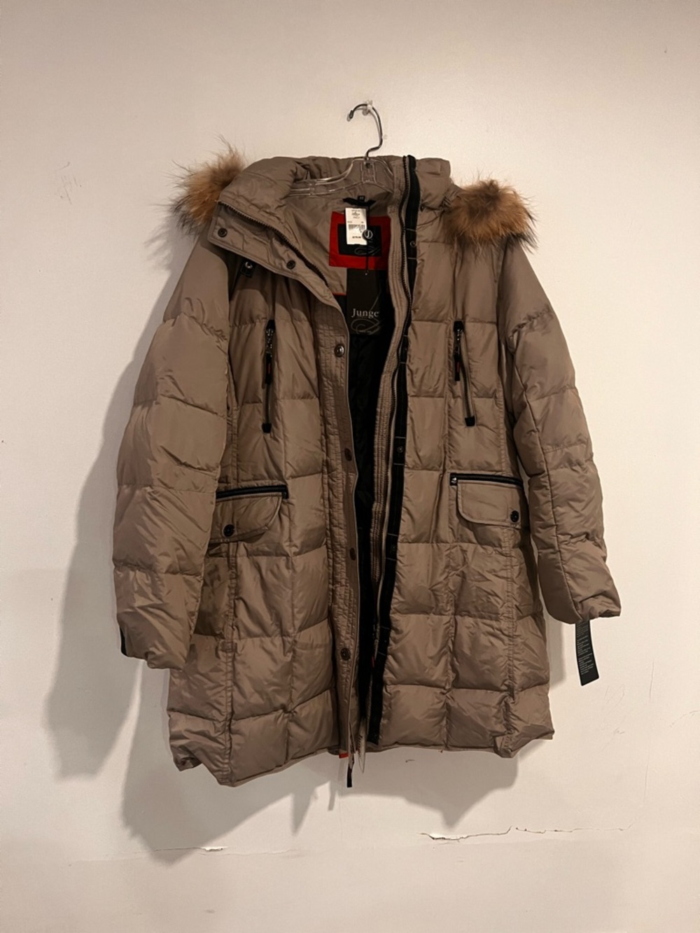 Taupe Quilted Down Parka with Fur-Trim Hood